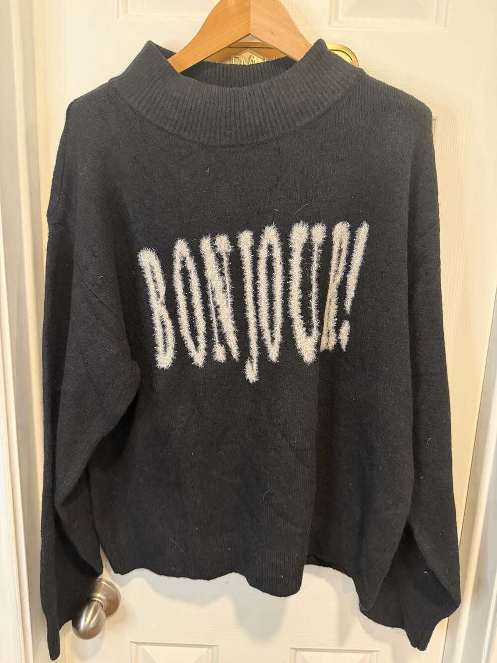 A New Day L Black Bonjour Mock Neck Sweater Fuzzy Graphic Pullover